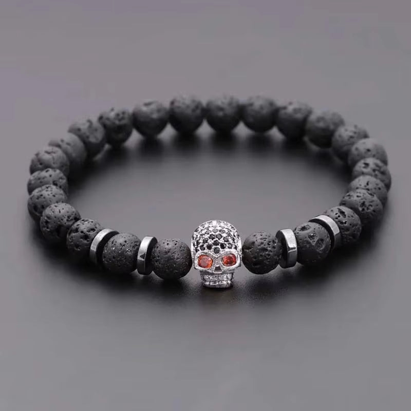 Black Eye Skull Hematite Bead Bracelet Men Classic Handmade 8Mm Lava Stone Charm Bracelet for Men Jewelry Gift